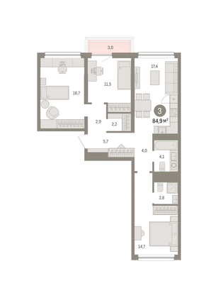 84,9 м², 3-комн. квартира, 4/8 этаж