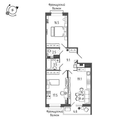 69,5 м², 2-комн. квартира, 4/12 этаж