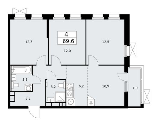 69,6 м², 4-комн. квартира, 7/14 этаж