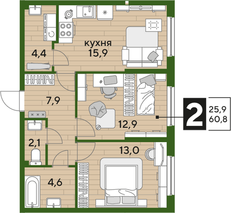 Продажа 2-комнатной квартиры 60,8 м², 2/19 этаж