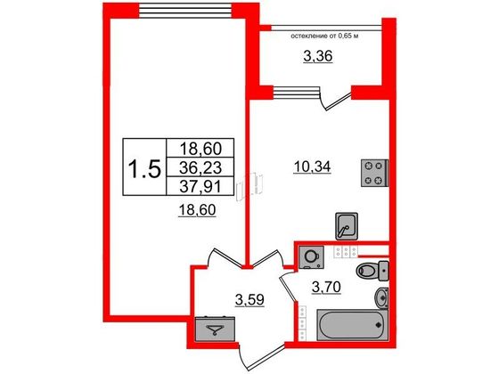 Продажа 1-комнатной квартиры 36,2 м², 4/4 этаж