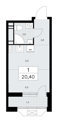 20,4 м², 1-комн. квартира, 17/17 этаж