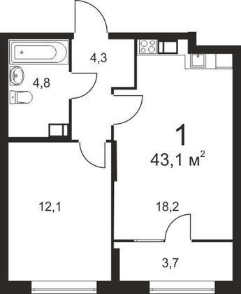 Продажа 1-комнатной квартиры 43,1 м², 11/25 этаж