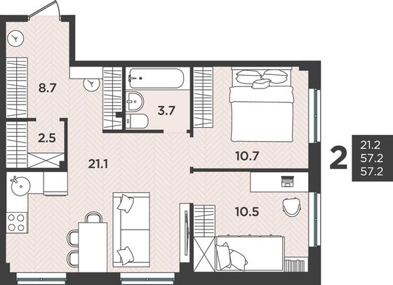 57,2 м², 3-комн. квартира, 1/12 этаж