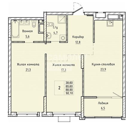 Продажа 2-комнатной квартиры 92,1 м², 4/12 этаж