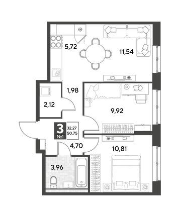 Продажа 3-комнатной квартиры 50,8 м², 2/25 этаж