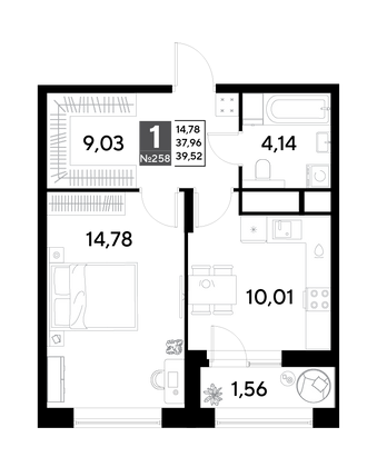 Продажа 1-комнатной квартиры 39,5 м², 21/25 этаж