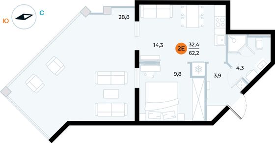 61,2 м², 1-комн. квартира, 2/6 этаж