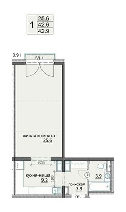 42,9 м², 1-комн. квартира, 18/18 этаж