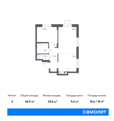 42,9 м², 1-комн. квартира, 8/17 этаж