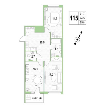 Продажа 2-комнатной квартиры 75,8 м², 3/4 этаж