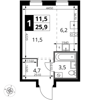 25,9 м², 1-комн. квартира, 2/18 этаж