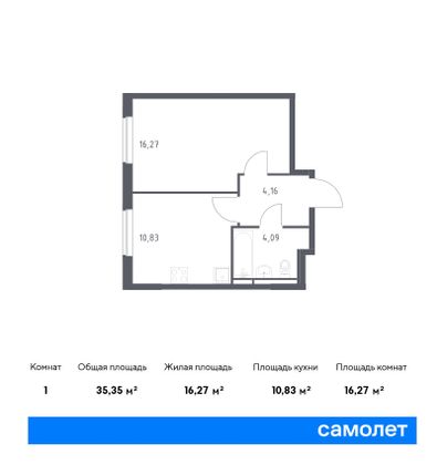 35,3 м², 1-комн. квартира, 15/17 этаж