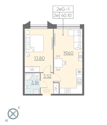 Продажа 1-комнатной квартиры 40,9 м², 2/12 этаж