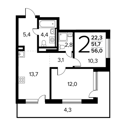 56 м², 2-комн. квартира, 1/14 этаж