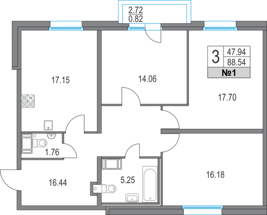 88,5 м², 3-комн. квартира, 2/25 этаж