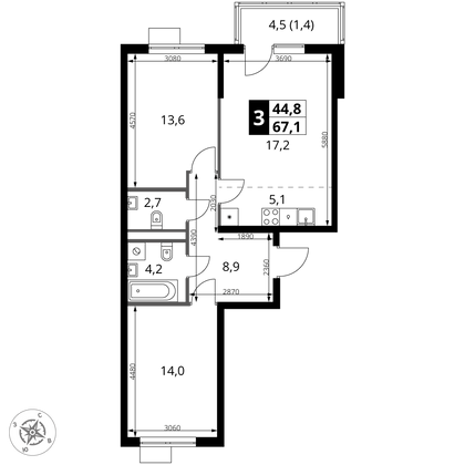 67,1 м², 3-комн. квартира, 2/9 этаж