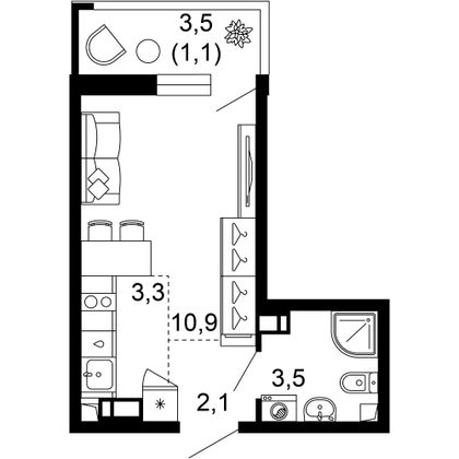 20,9 м², 1-комн. квартира, 2/12 этаж