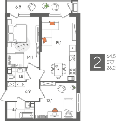Продажа 2-комнатной квартиры 64,5 м², 10/24 этаж