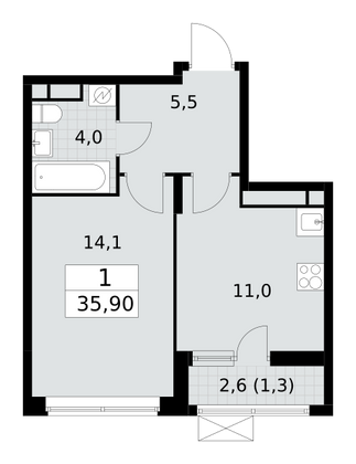 35,9 м², 1-комн. квартира, 14/16 этаж