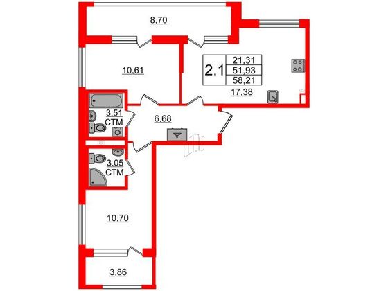 Продажа 2-комнатной квартиры 51,9 м², 3/4 этаж