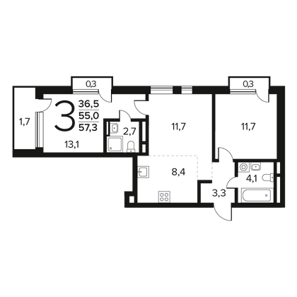 57,3 м², 3-комн. квартира, 8/14 этаж