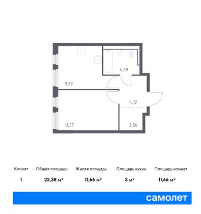 22,4 м², студия, 6/17 этаж