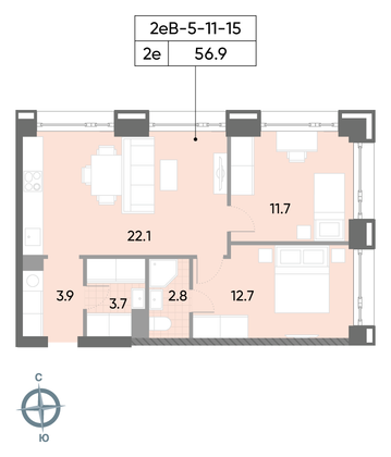 Продажа 2-комнатной квартиры 56,9 м², 12/52 этаж