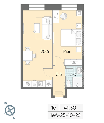 Продажа 1-комнатной квартиры 41,3 м², 23/28 этаж