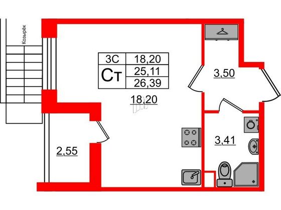 Продажа квартиры-студии 25,1 м², 1/5 этаж