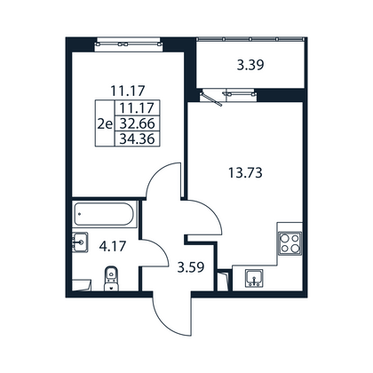 34,4 м², 1-комн. квартира, 1/12 этаж