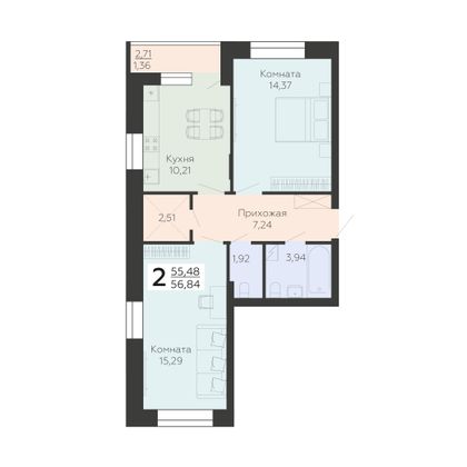 Продажа 2-комнатной квартиры 56,8 м², 2/10 этаж
