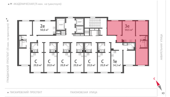 59,5 м², 3-комн. квартира, 17/19 этаж