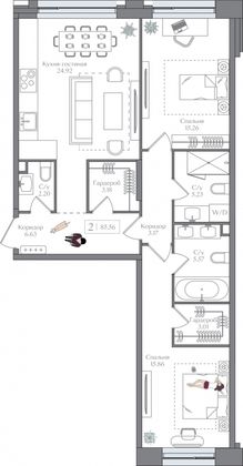 85,6 м², 2-комн. квартира, 12/15 этаж