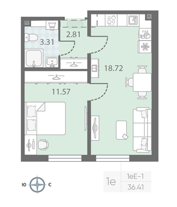 Продажа 1-комнатной квартиры 36,4 м², 2/23 этаж