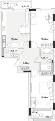 77,2 м², 2-комн. квартира, 1/7 этаж