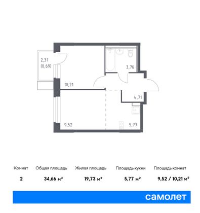 34,7 м², 1-комн. квартира, 12/12 этаж