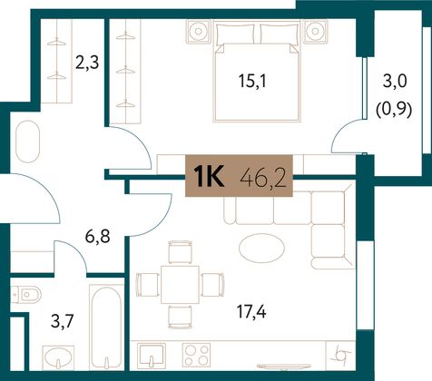 46,5 м², 2-комн. квартира, 15/28 этаж