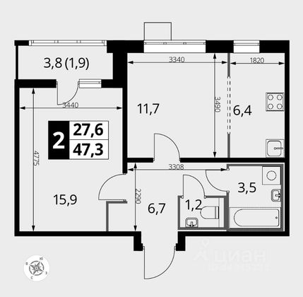 Продажа 2-комнатной квартиры 47,3 м², 13/24 этаж