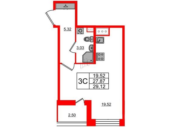 Продажа квартиры-студии 27,9 м², 2/12 этаж