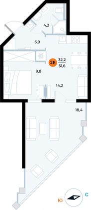 51,6 м², 1-комн. квартира, 2/6 этаж