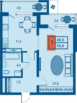 49,5 м², 1-комн. квартира, 13/23 этаж