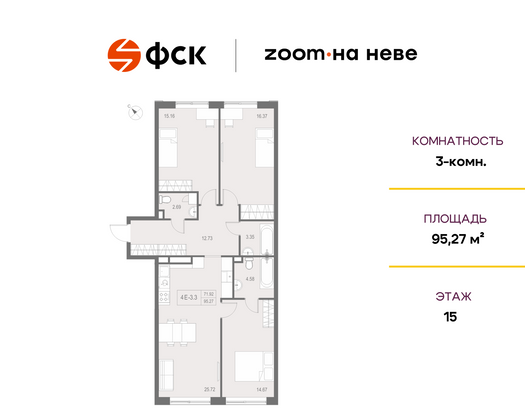 95,3 м², 3-комн. квартира, 15/17 этаж