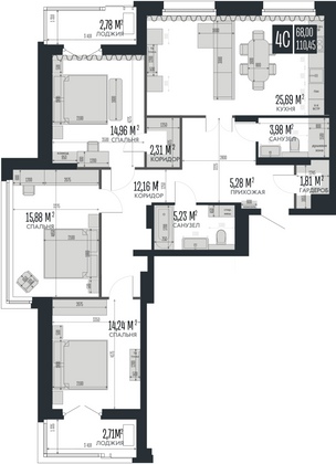 110,4 м², 4-комн. квартира, 2/15 этаж