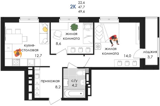 49,6 м², 2-комн. квартира, 1/9 этаж