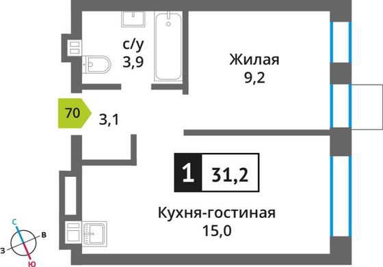 Продажа 1-комнатной квартиры 31,2 м², 9/9 этаж