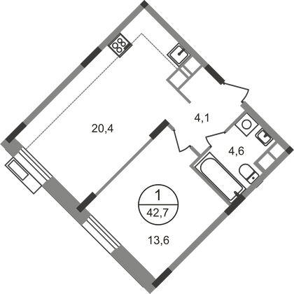 42,7 м², 1-комн. квартира, 5/9 этаж