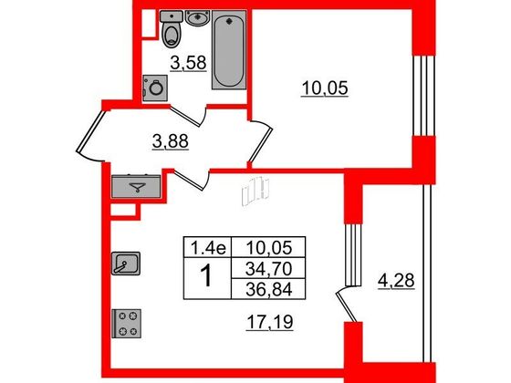 Продажа 1-комнатной квартиры 34,7 м², 1/5 этаж