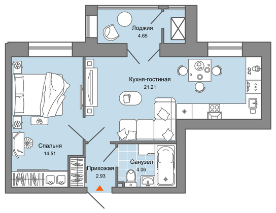 45 м², 2-комн. квартира, 6/7 этаж