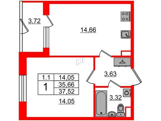 Продажа 1-комнатной квартиры 35,7 м², 1/5 этаж